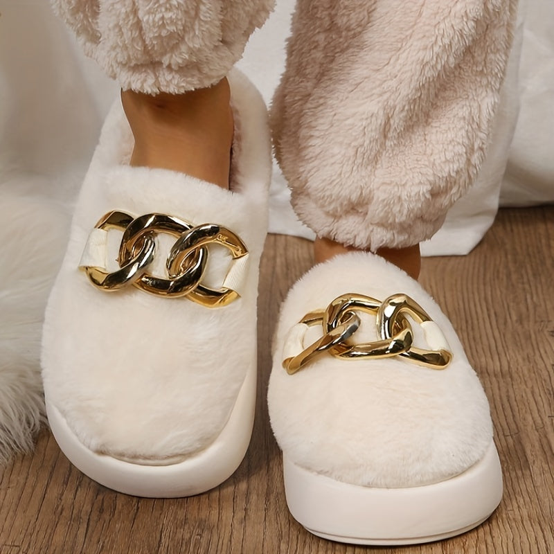 Women's Fluffy Platform Slippers with Chain Detail