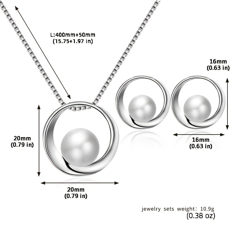 Faux Pearl Inlaid Round Jewelry Set Pendant Necklace & Stud Earrings