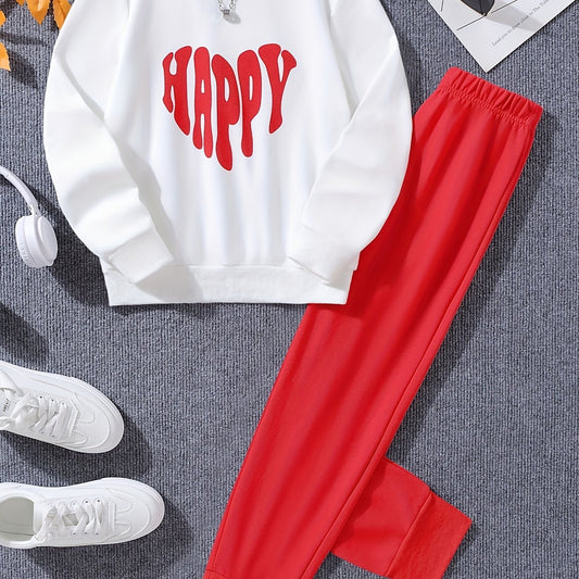 Happy Print Girl's 2pcs Sweatshirt & Sweatpants Set for Spring Fall