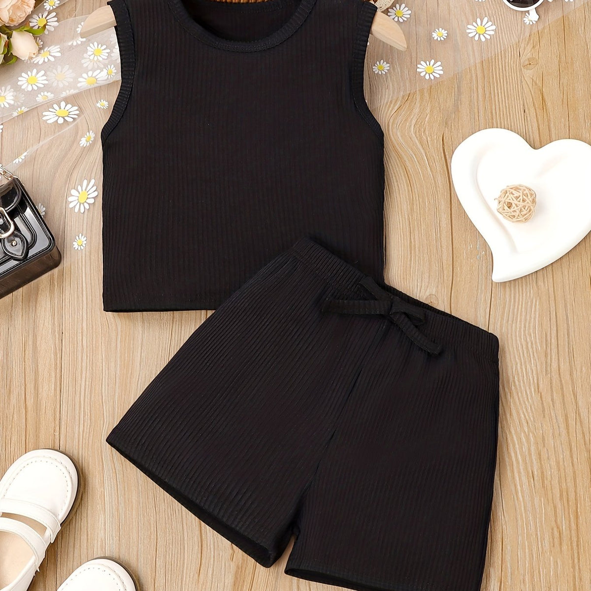 2pcs Toddler Girls Ribbed Knit Tank Top & Bow Front Shorts Set