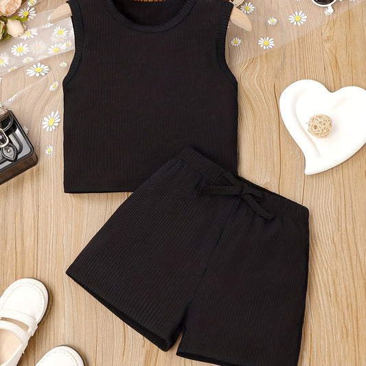 2pcs Toddler Girls Ribbed Knit Tank Top & Bow Front Shorts Set