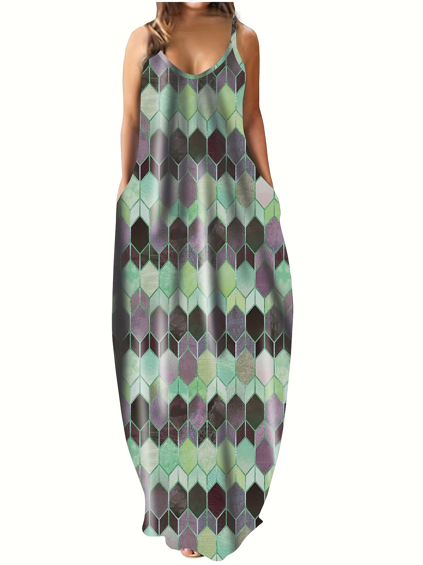  Colorblock Geometric Print Maxi Cami Dress