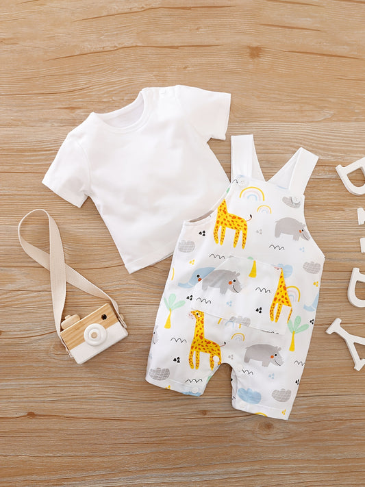 2pcs Baby Boys Cotton T-shirt & Animal Pattern Overalls Set