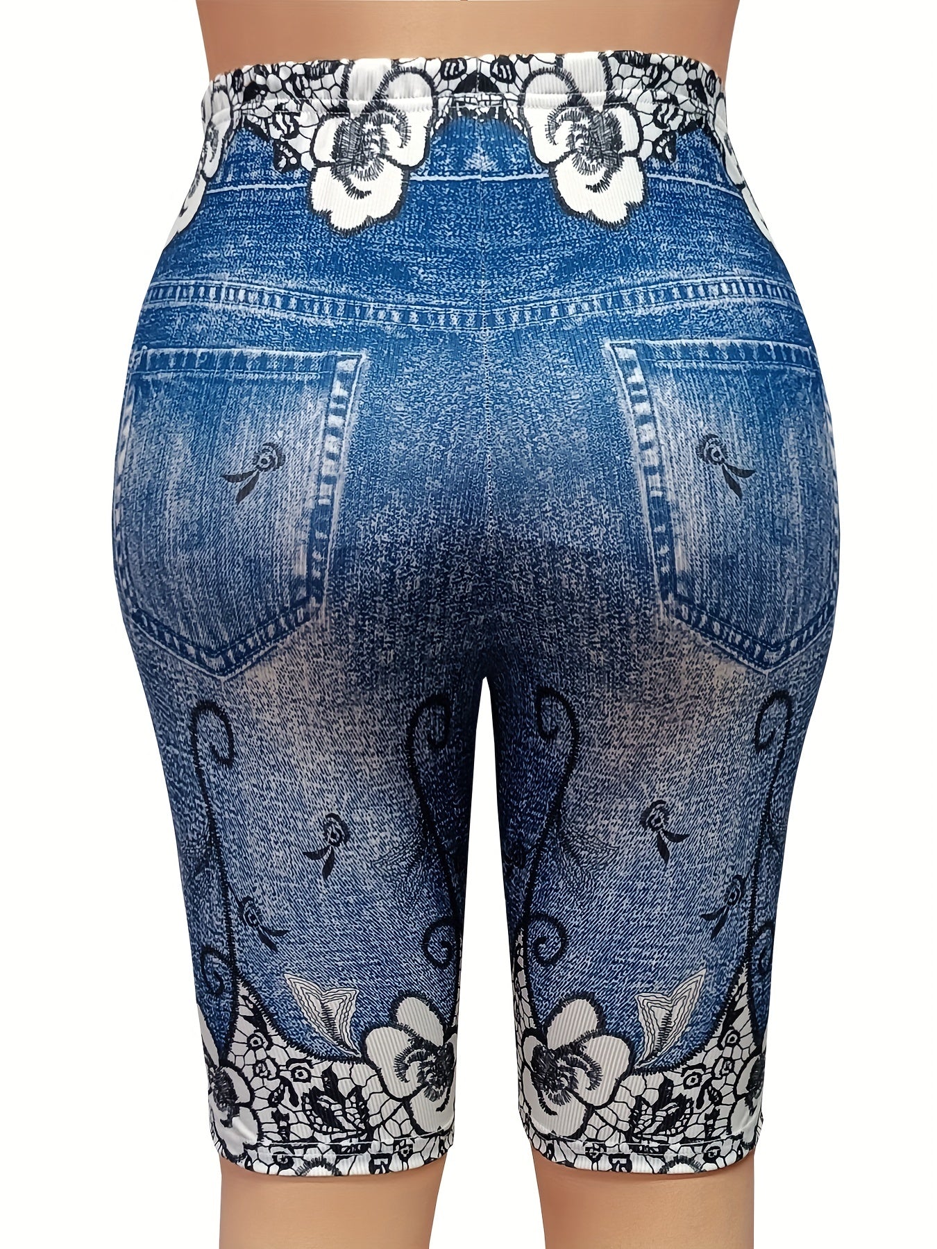Women's Plus Denim & Floral Print High Rise Skinny Shorts