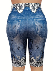 Women's Plus Denim & Floral Print High Rise Skinny Shorts