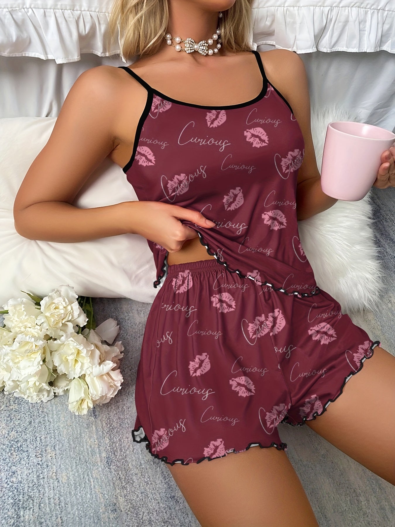 Red Lip Print Pajama Set Women's Sleepwear & Loungewear