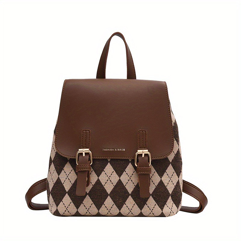 Vintage Argyle Print Backpack Large Capacity Travel Knapsack