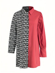  Colorblock Letter Print Button Up Blouse