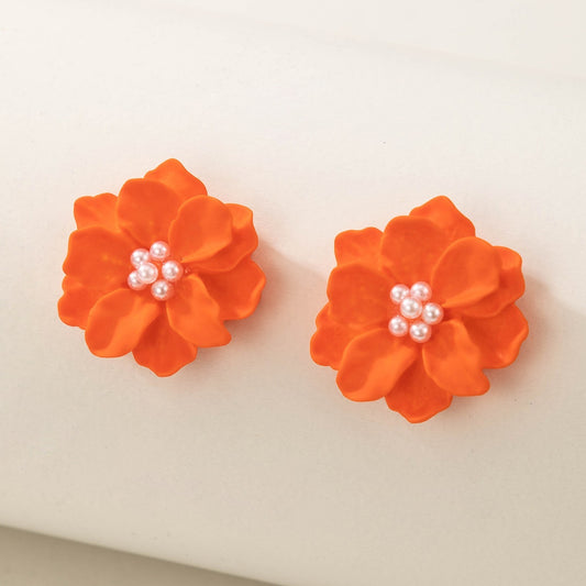 Orange Camellia Flower Stud Earrings For Women Girls 1Pair