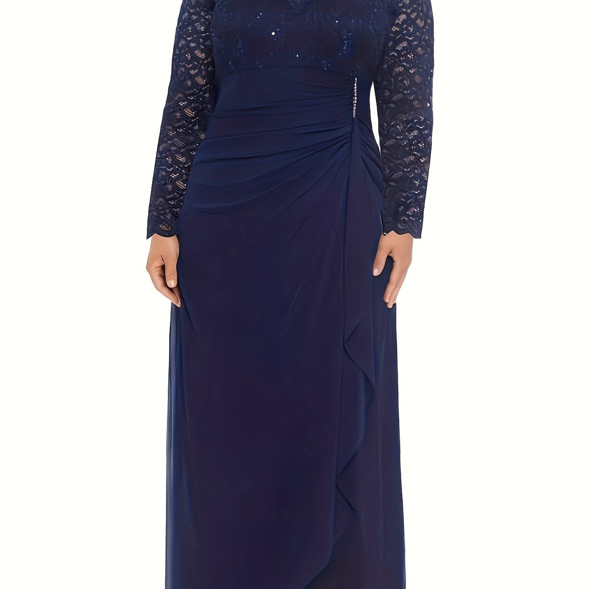  Lace V Neck Long Sleeve Maxi Bridesmaid Dress