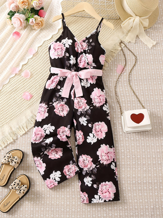 Toddler Girls Flowers Graphic Belted Cami Rompers Wide Leg Jumpsuits