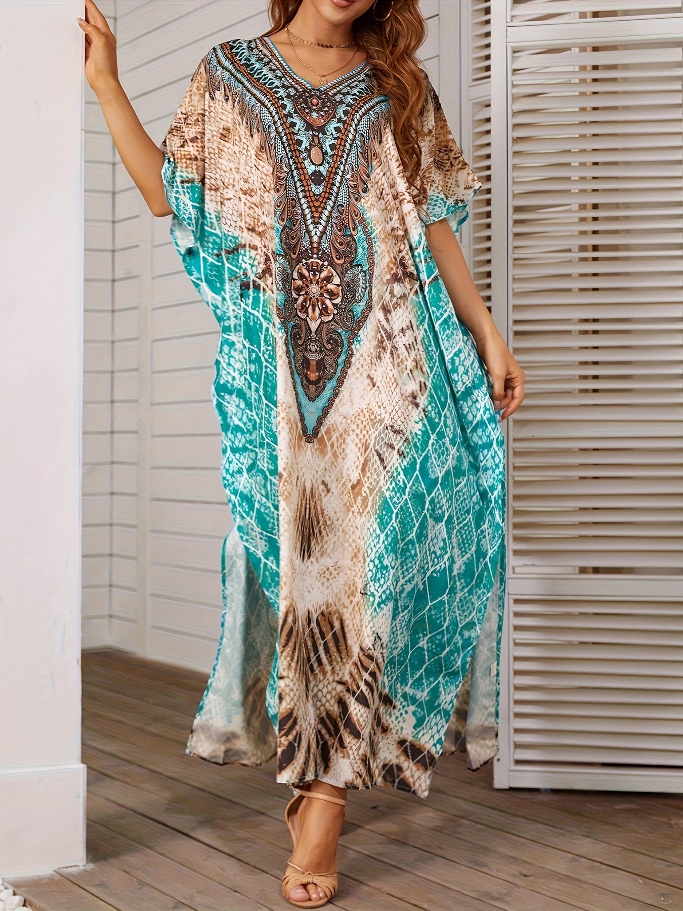  Tile Print Bat Sleeve V Neck Cover Up Dress