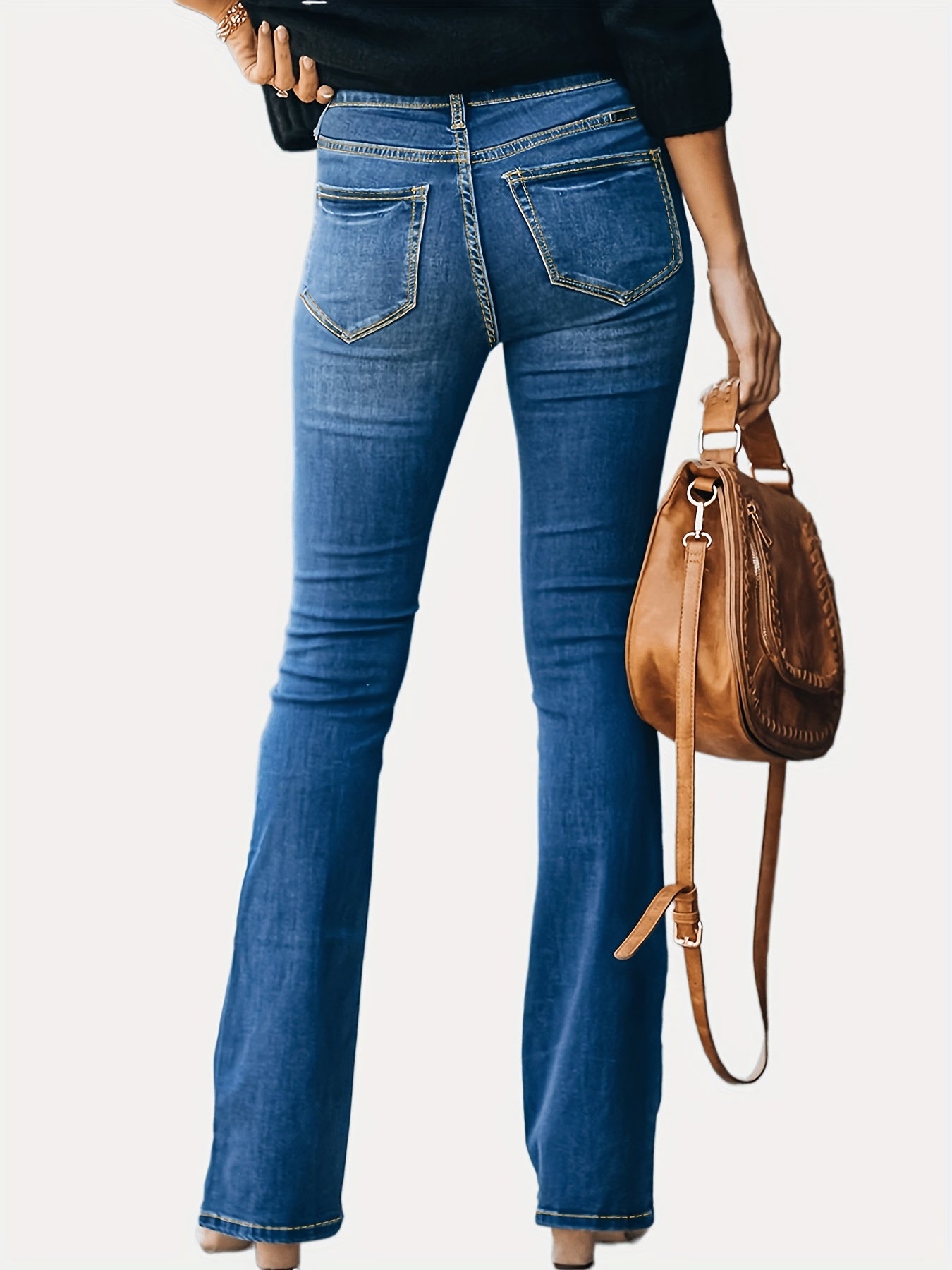 Embossed Button Bell Bottom Jeans Slim Fitting Bootcut Pants