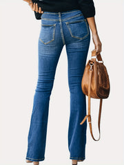 Embossed Button Bell Bottom Jeans Slim Fitting Bootcut Pants