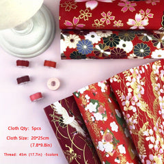 5pc Washi Bronzing Cotton Fabric Bundle, 5 Thread Bobbins, PreCut Fat Squares
