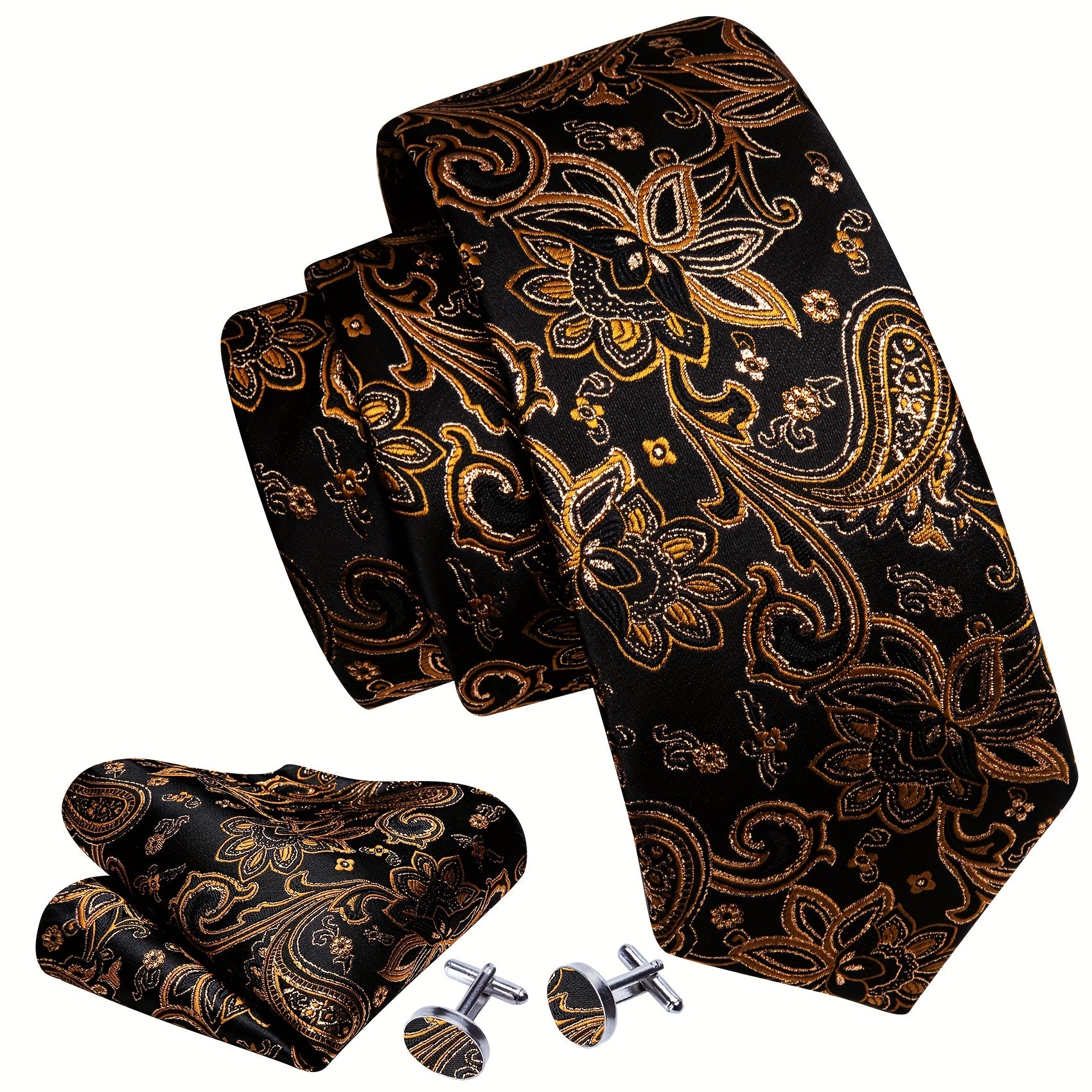 Barry Wang Men's Paisley Jacquard Tie Pocket Square Cufflinks Set