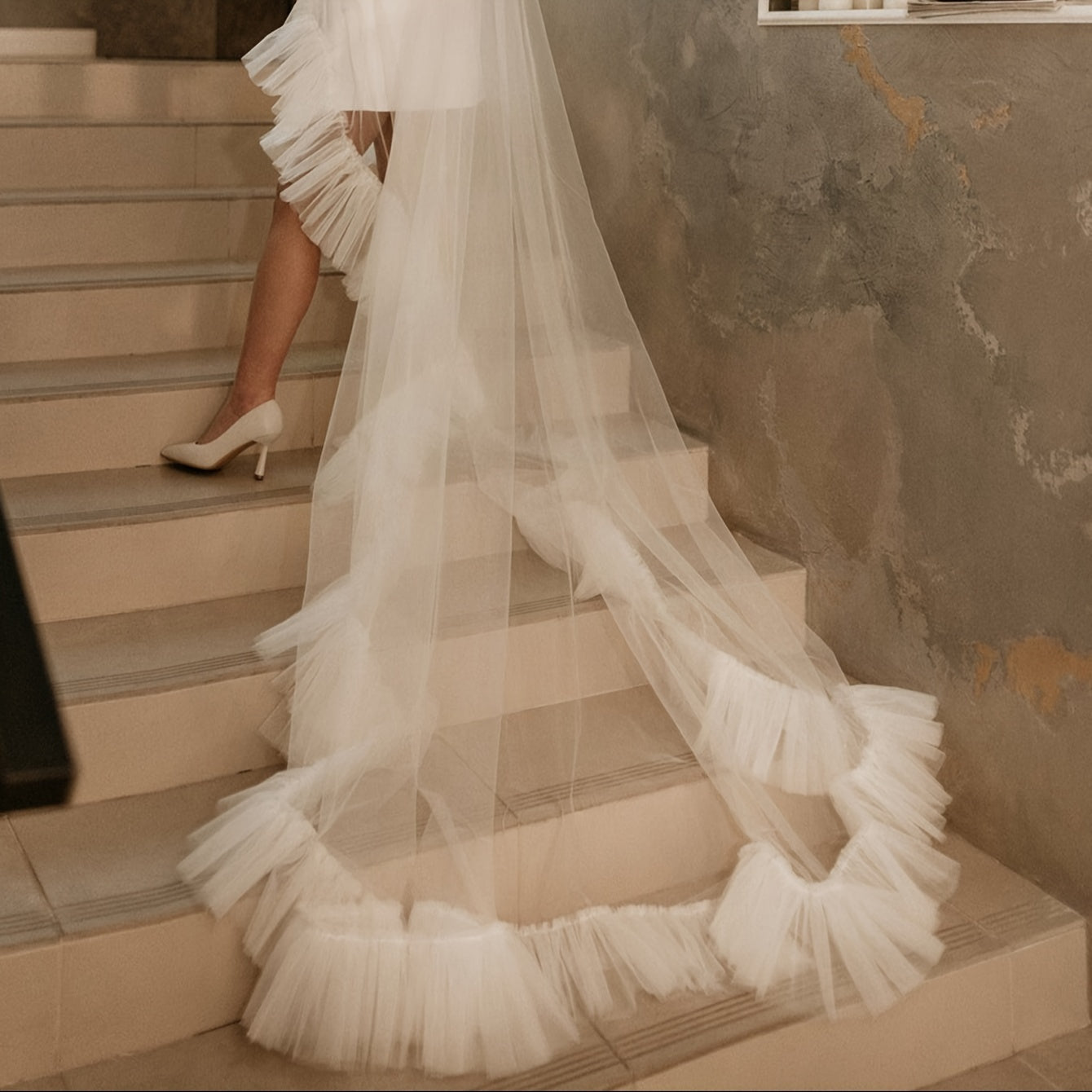 Double Layer Bridal Cathedral Veil with Ruffle Detail