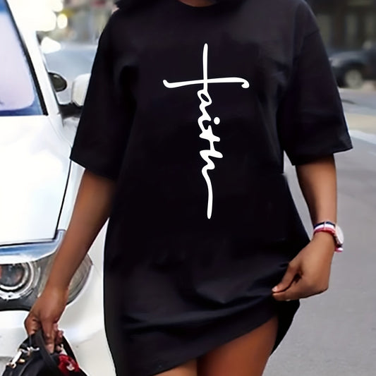  Casual Dress Women's Plus Letter Print Short Sleeve Tee Dress
