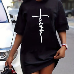  Casual Dress Women's Plus Letter Print Short Sleeve Tee Dress