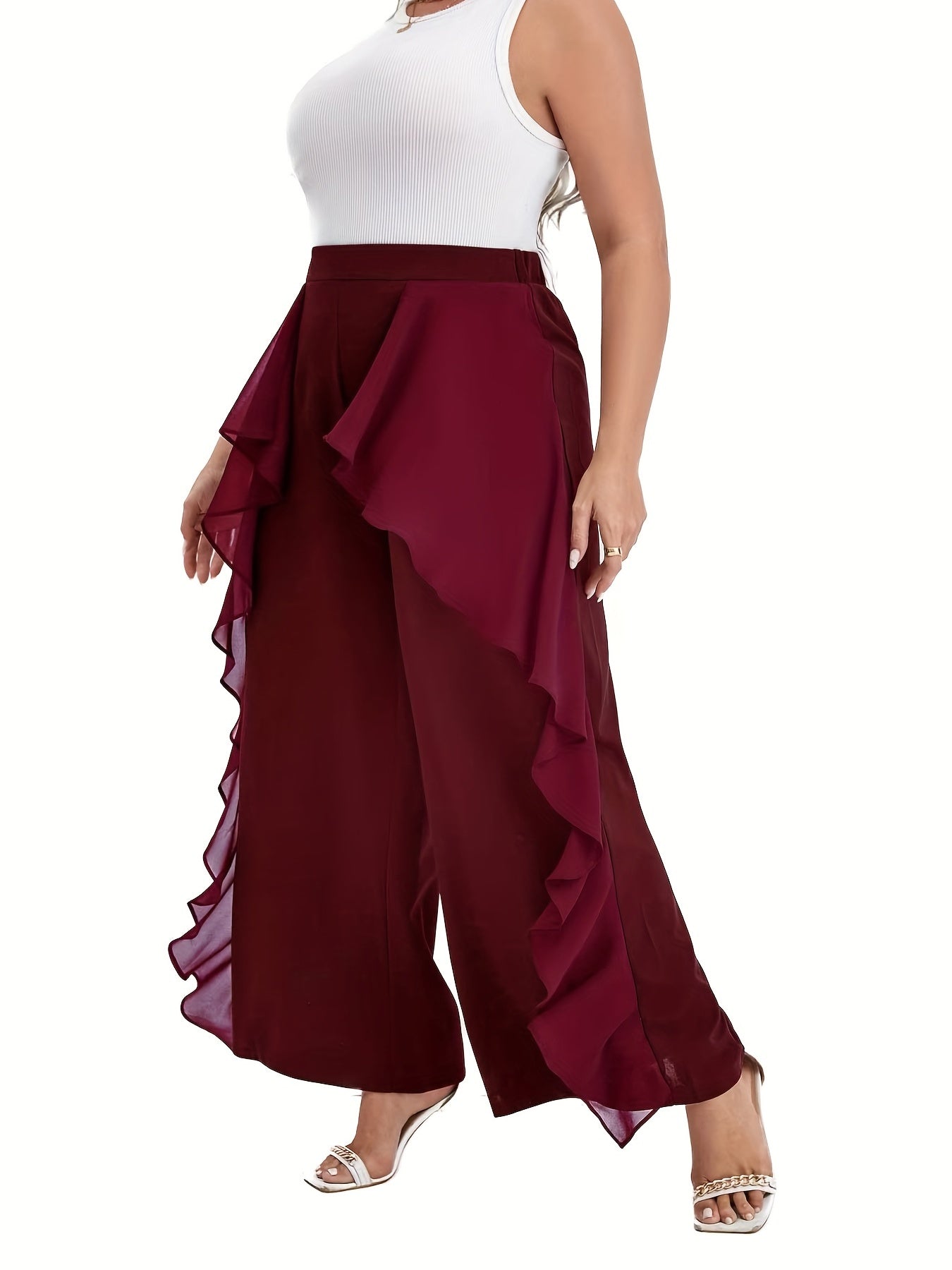  Solid Ruffle Trim High Rise Wide Leg Pants