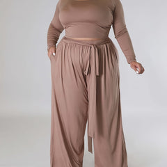 Plus Solid Long Sleeve Round Neck Crop Top & Belted Wide Leg Pants Outfit Set