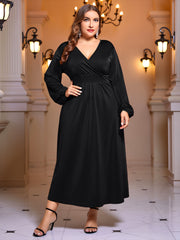 Solid Lantern Sleeve Surplice Neck Maxi Dress