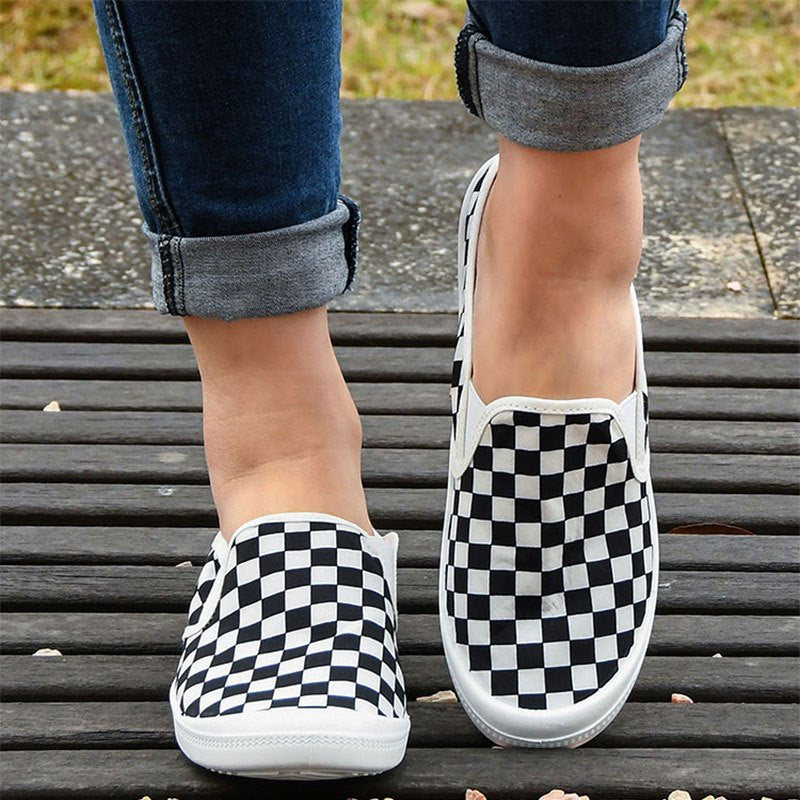 Women's Checkerboard Flat Mules Slip-On Canvas Shoes