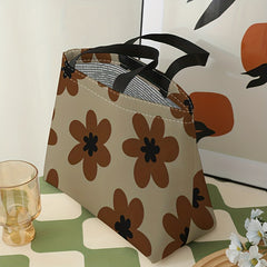 Brown Flowers Printed Lunch Bag Large Capacity Waterproof Food Insulated Bag