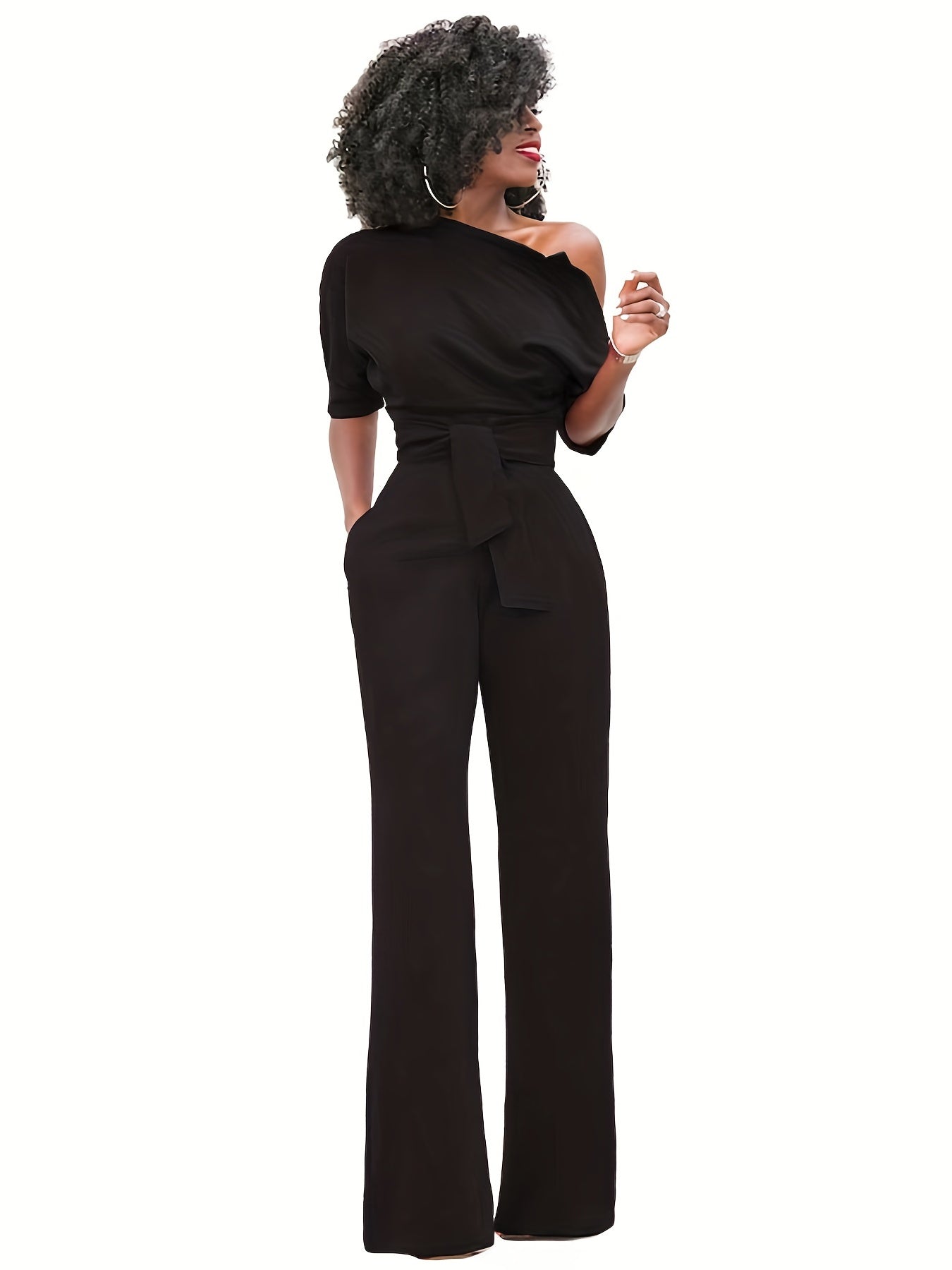 Slanted Shoulder Wide Leg Jumpsuit High Waist Casual
