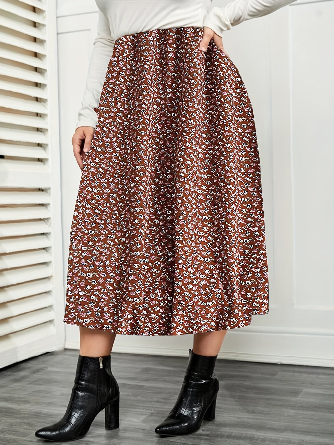  Women's Floral Print Pleated Maxi Skirt