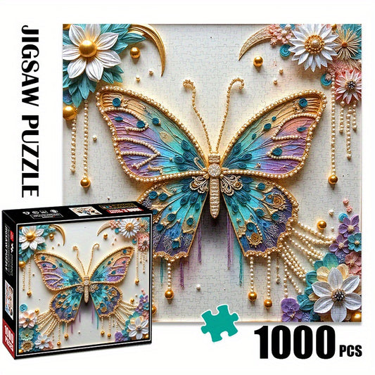 1000pcs Pearl Butterfly Jigsaw Puzzle with Flowers Golden A