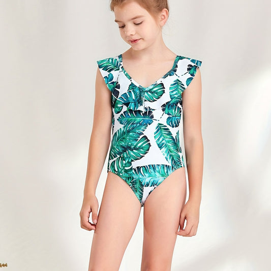 Girl's Tropical Plant Pattern Onesie Swimsuit Ruffle Tankini