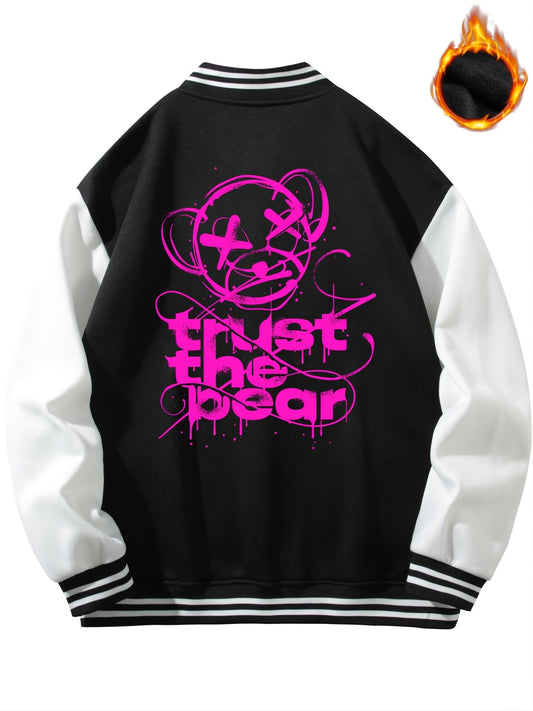 Men's Bear Print Lightweight Fleece Baseball Jacket