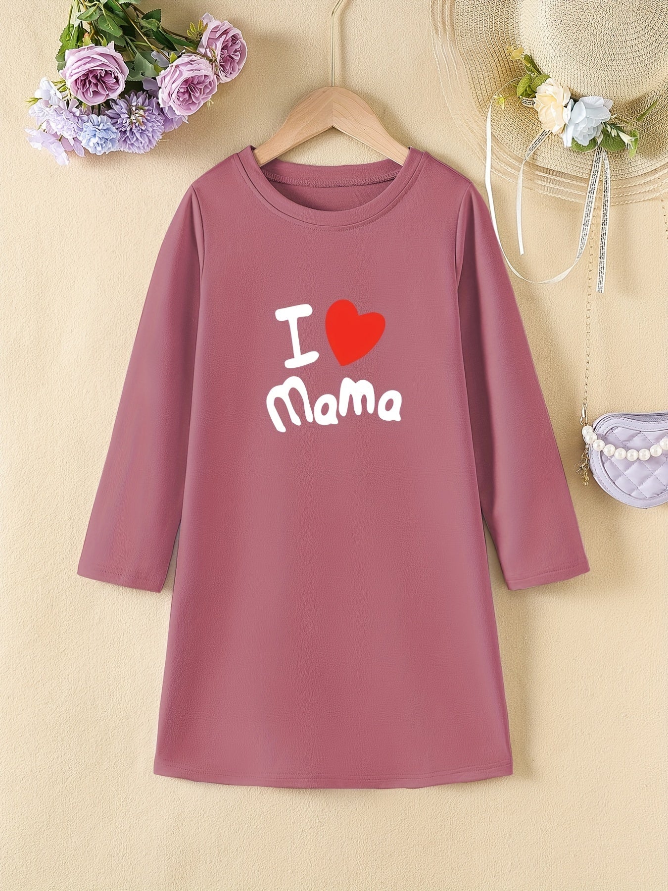 Girls' 'I Love Mama' Print A line Dress Spring Fall Kids Clothes