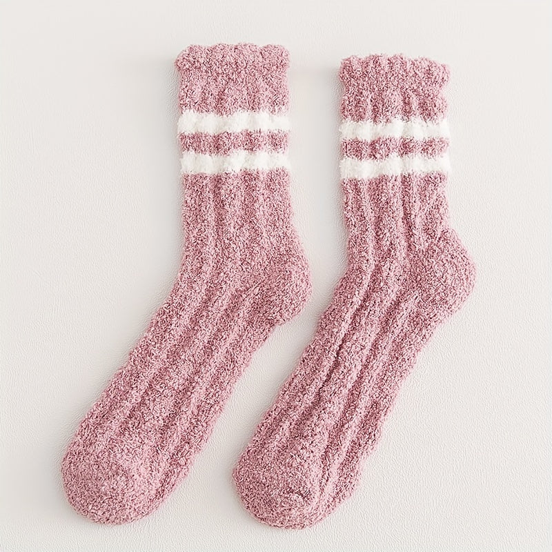2 Pairs Striped Fuzzy Socks Comfy & Warm Mid Tube Women's Stockings