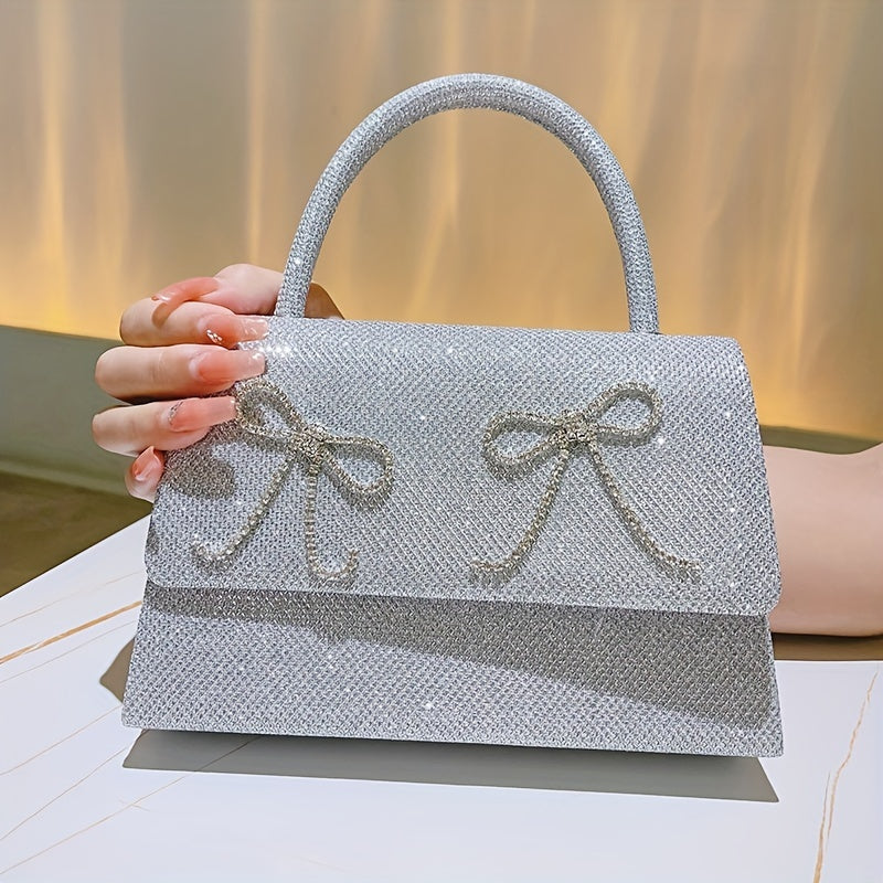 Rhinestone Bow Chain Satchel Bag Textured PU Flap Celebrity Evening Bag