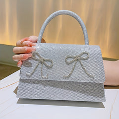 Rhinestone Bow Chain Satchel Bag Textured PU Flap Celebrity Evening Bag