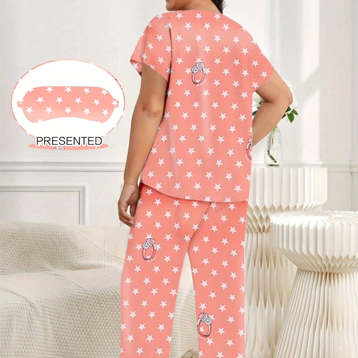  Casual Pajama Set Women's Plus Star & Ring Print Tee & Pants