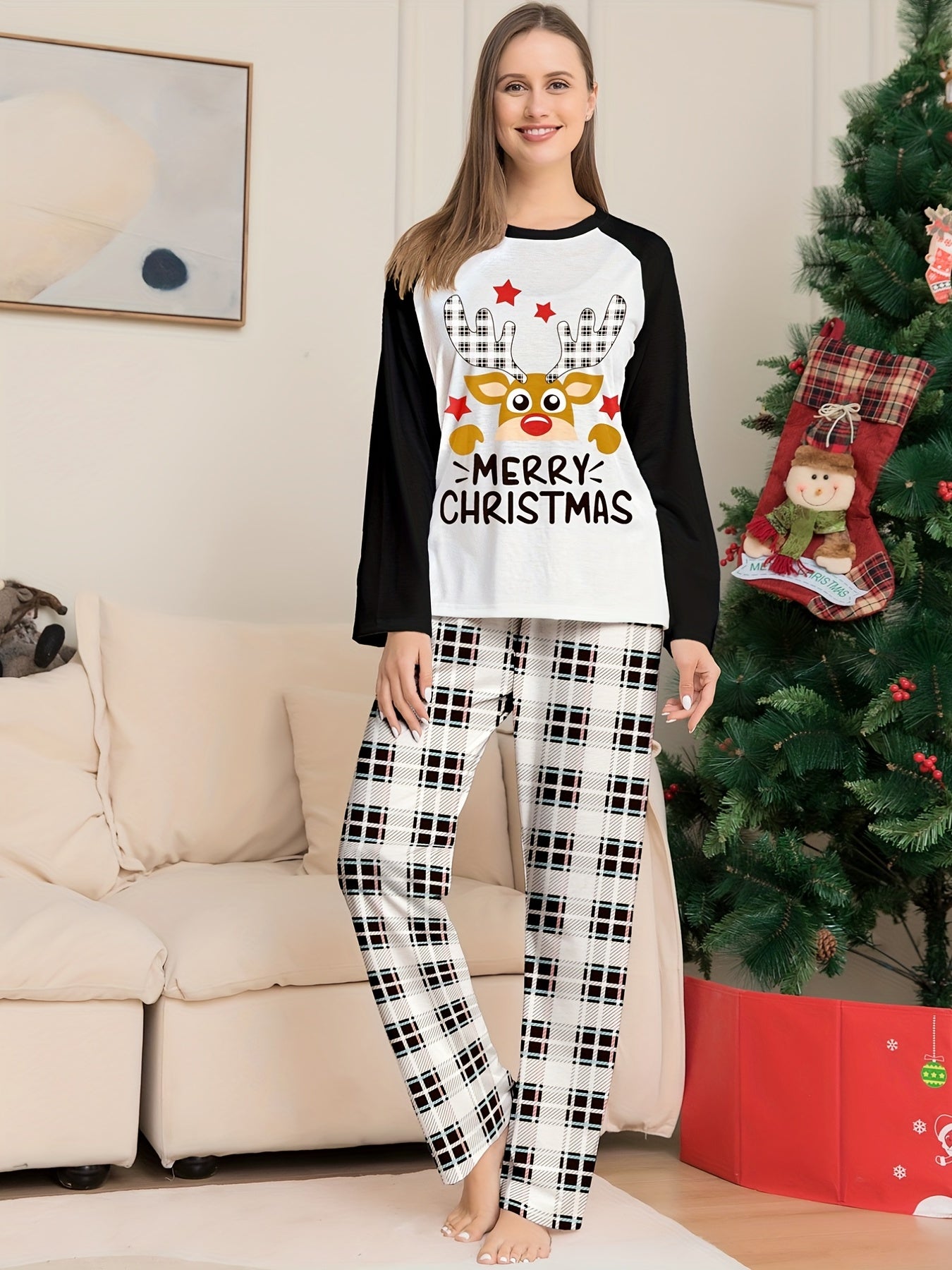 Christmas Elk Print Pajama Set Long Sleeve Top & Plaid Pants