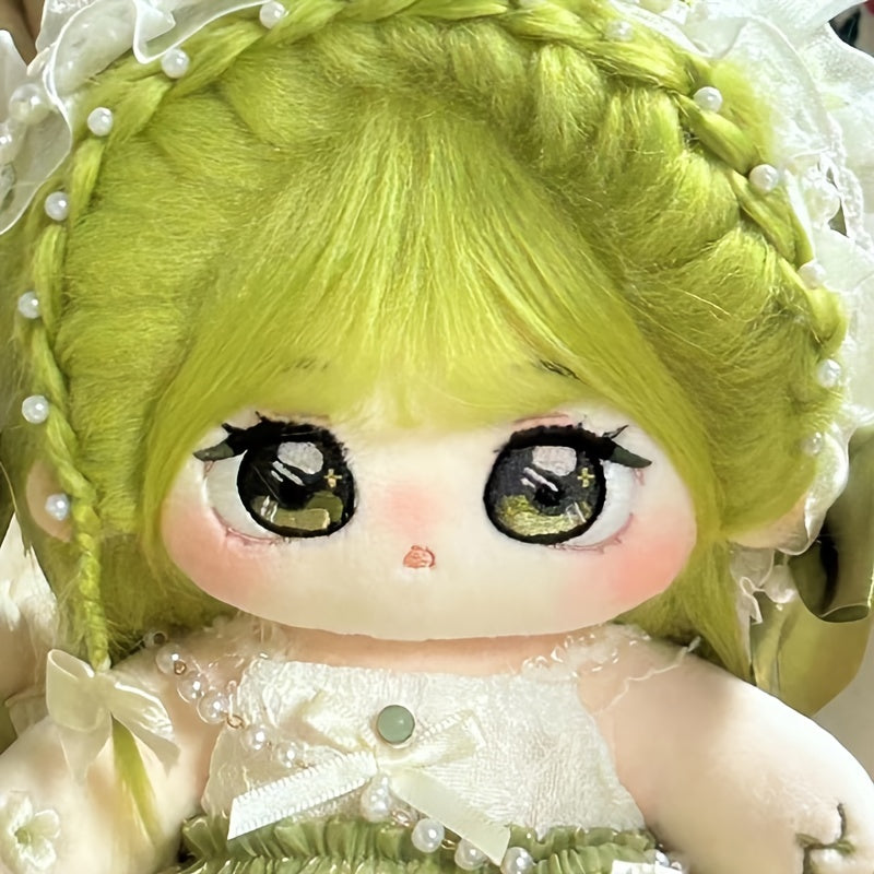 Adorable Green Curly Hair Plush Doll with Large Eyes & Pigtails