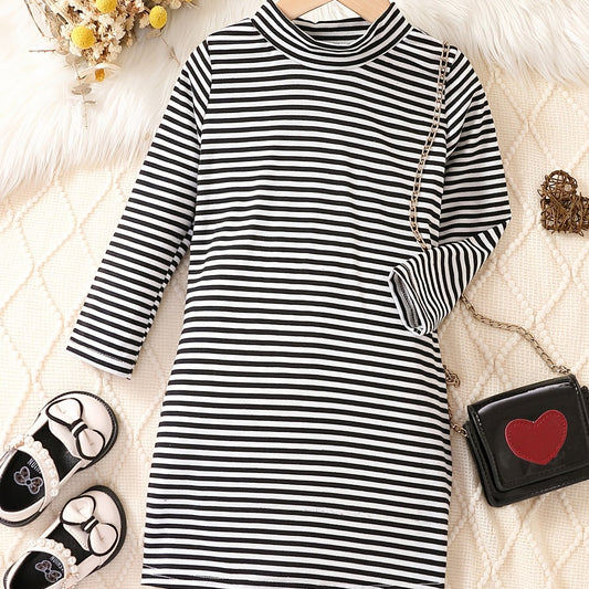 Girls' Long Sleeve Striped Mock Neck Dress