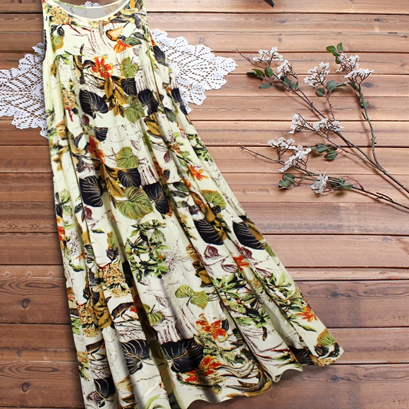  Leaf & Floral Print Maxi Cami Dress