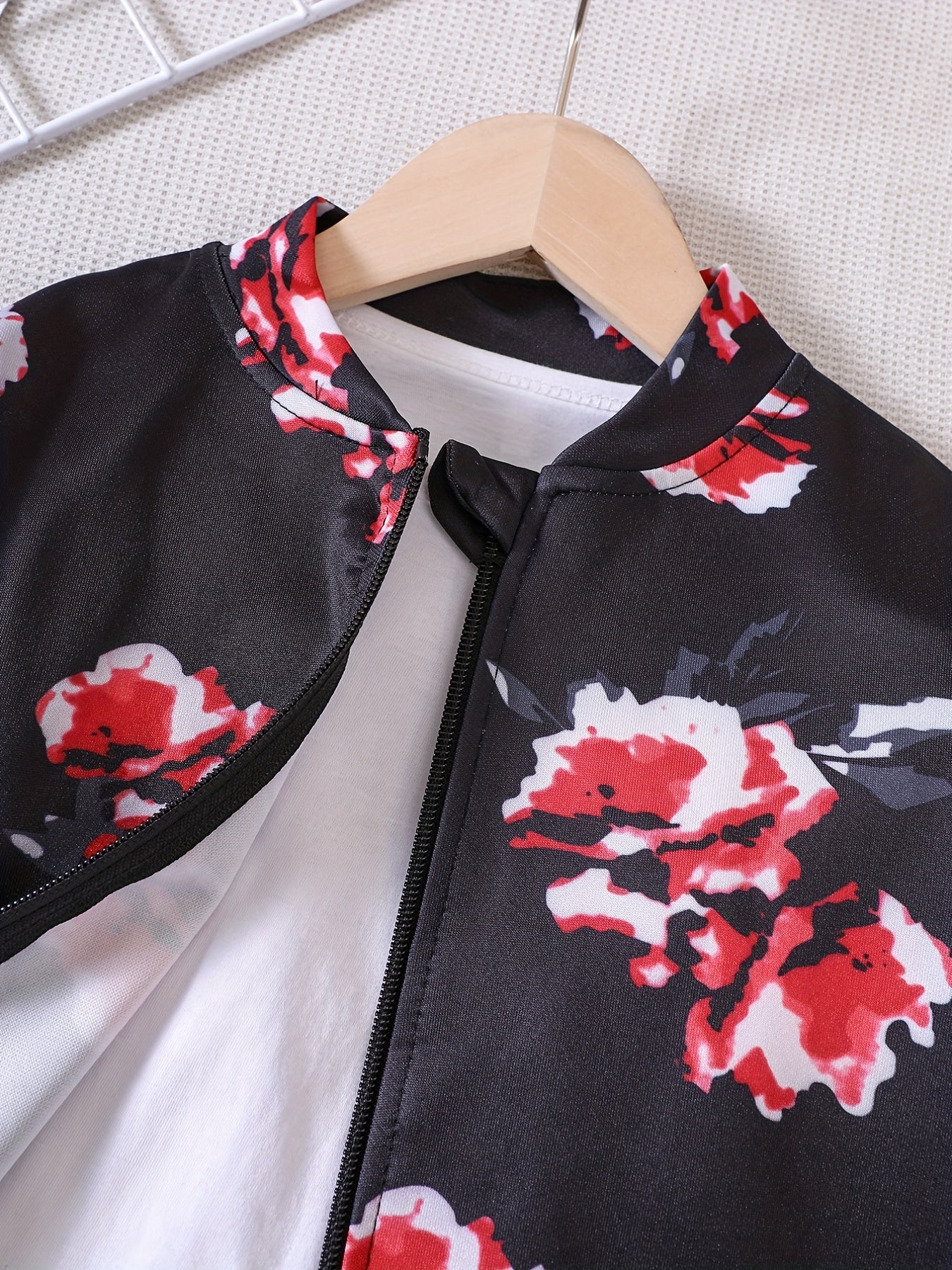 Girls' Floral Print Long Sleeve Jacket Top, Zipper Up