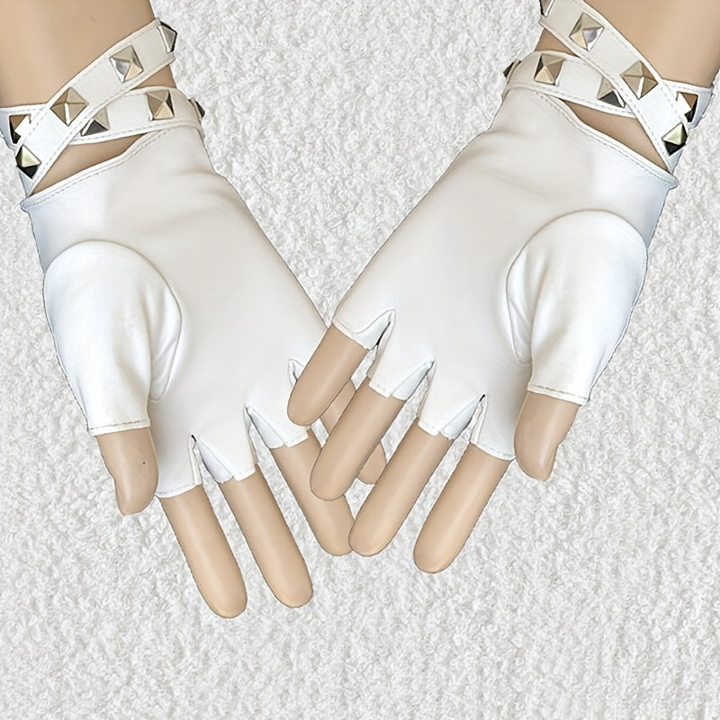 PU Leather Gloves Boho Half Finger Gloves Punk Rivets Belt Gloves