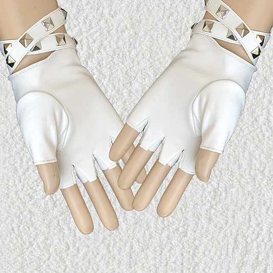PU Leather Gloves Boho Half Finger Gloves Punk Rivets Belt Gloves