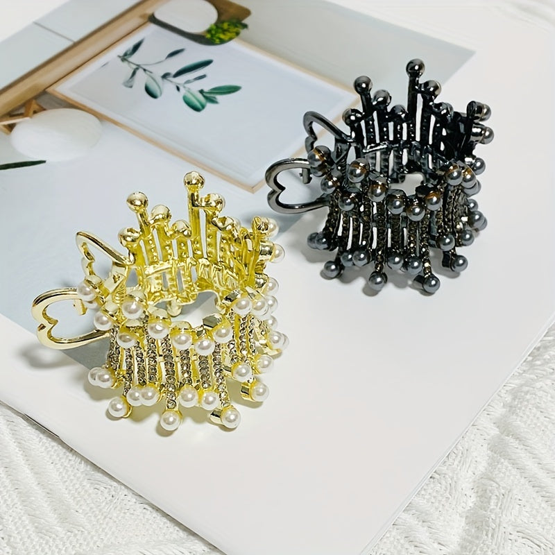 Irregular Round Hair Claw Ponytail Metal Clip Rhinestone Faux Pearl