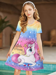 Girls Unicorn Print Short Sleeve Dress Summer Clothes