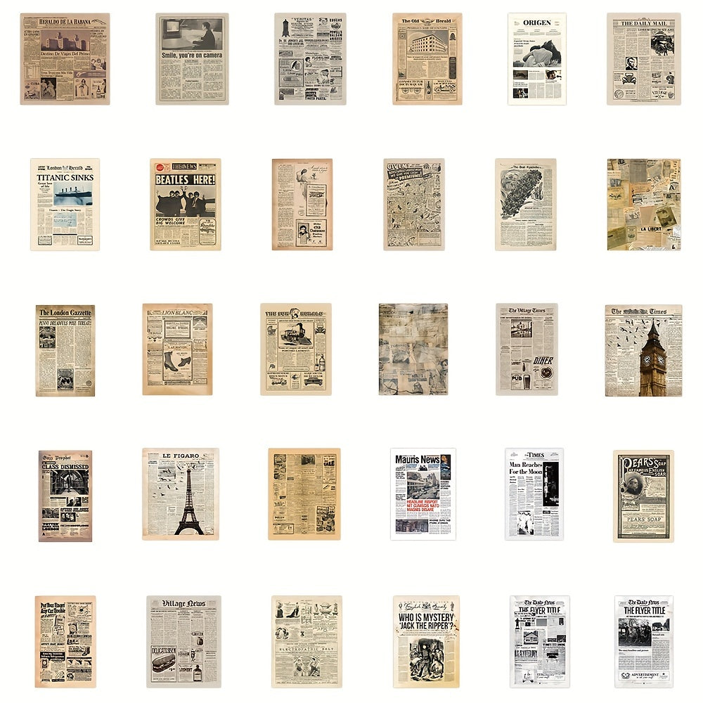 Vintage Newspaper Stickers - 63pcs Retro Waterproof Vinyl Sticker