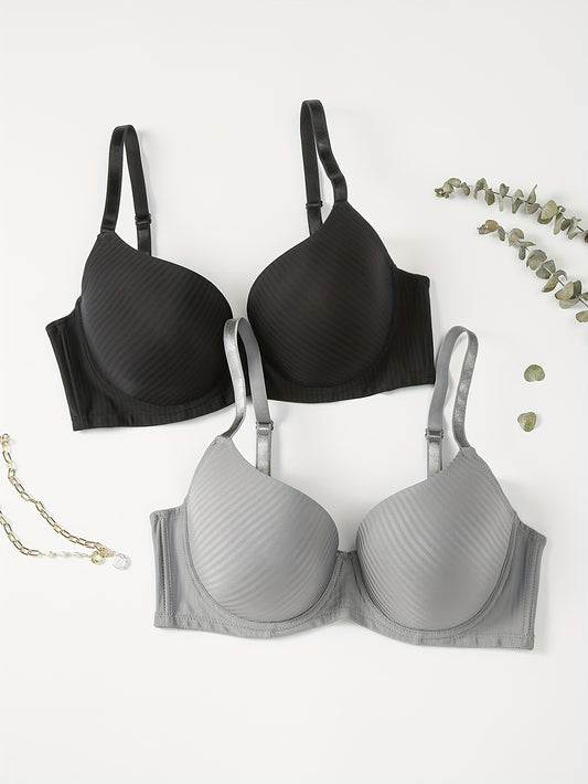 2 Pack Plus Size Striped Push Up Padded Bra Set