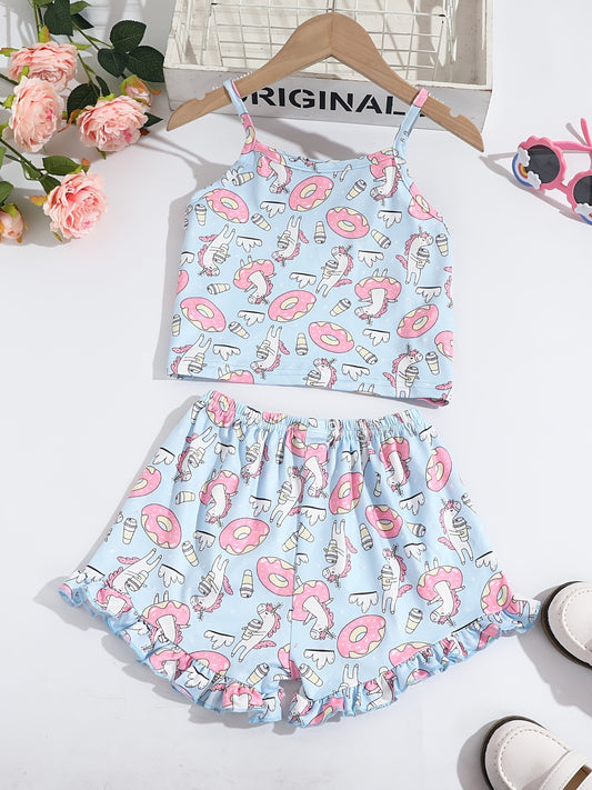Girls Cotton Unicorn Print Camisole and Shorts Set Summer